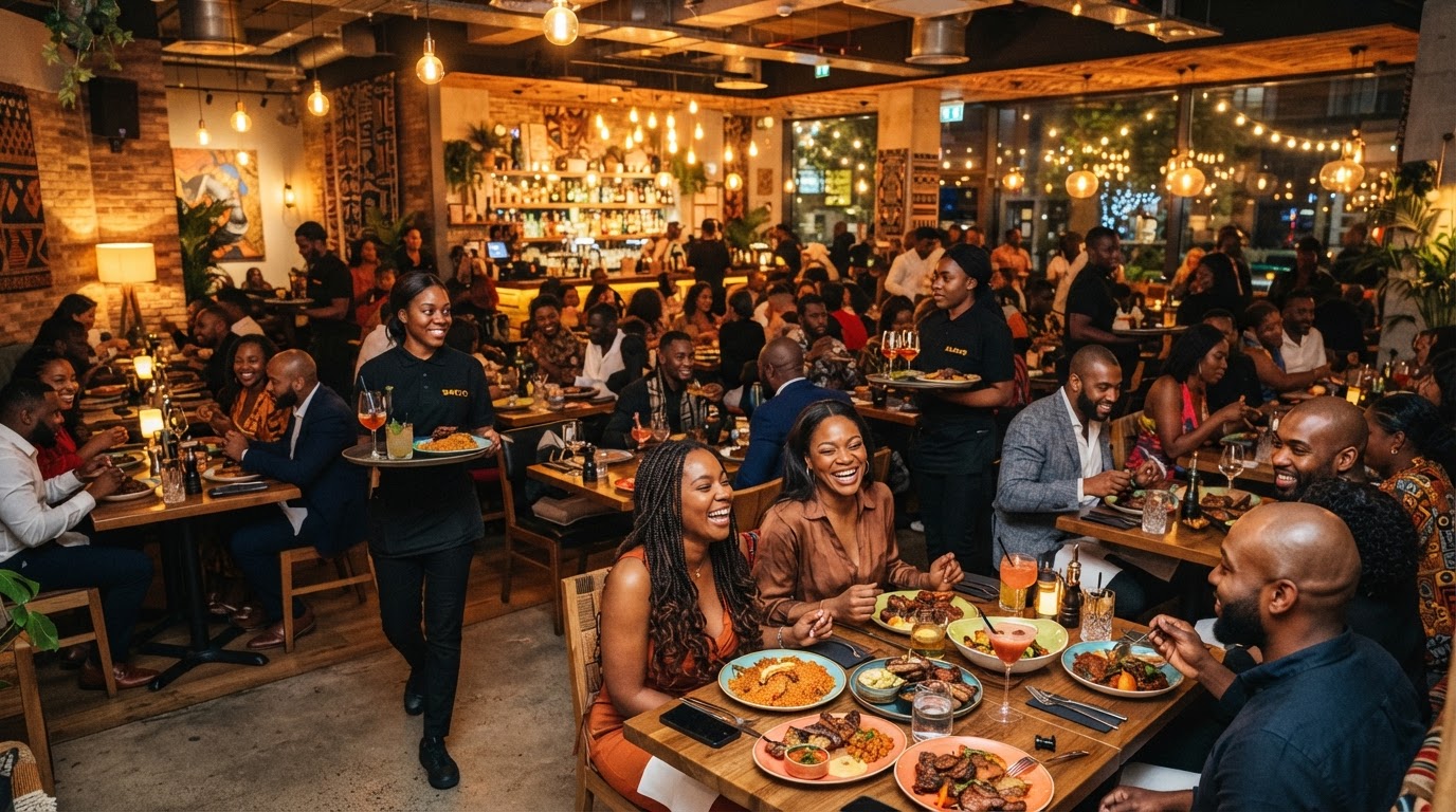 Salle de restaurant animée en soirée