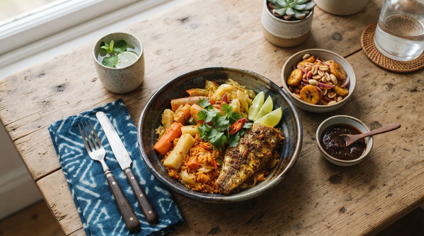 Plat de cuisine ouest-africaine contemporaine dressé sur une table