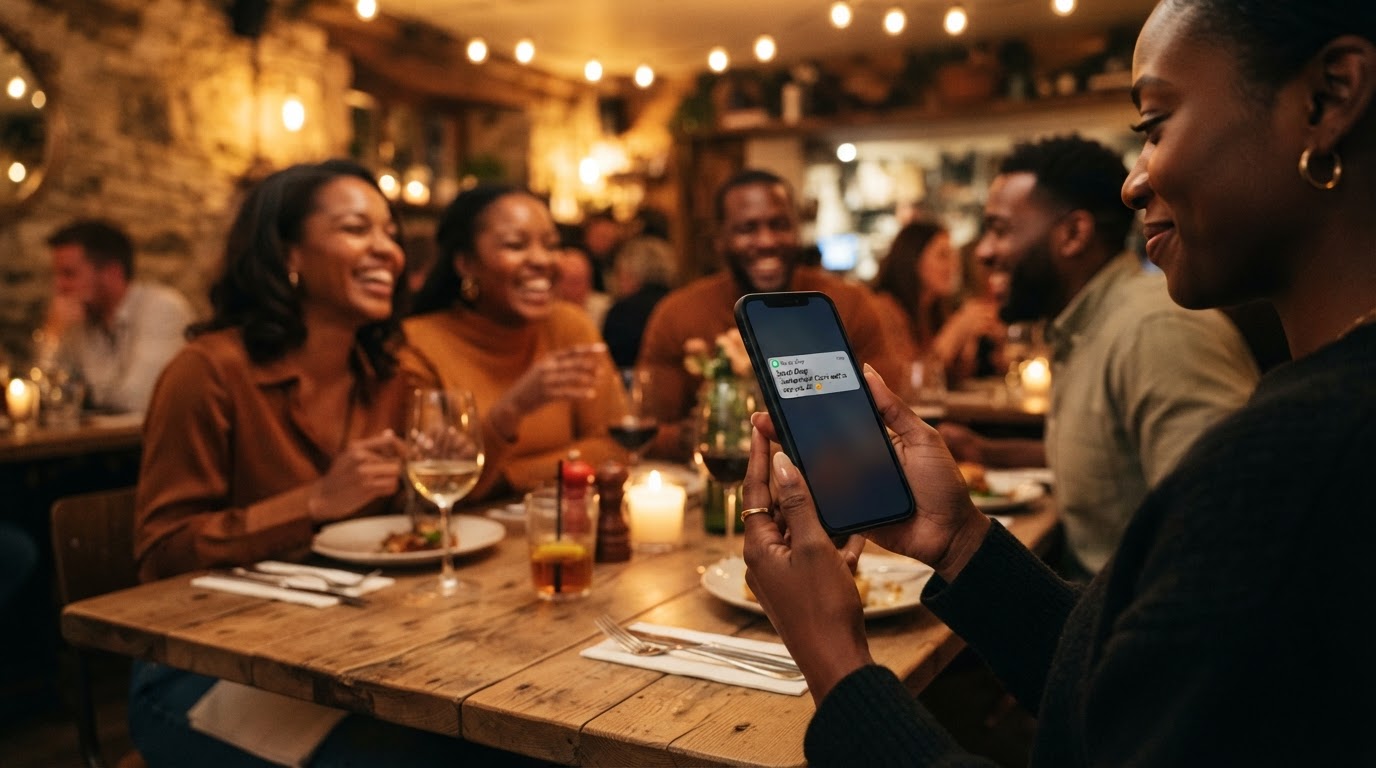Notification reçue sur un téléphone dans un restaurant
