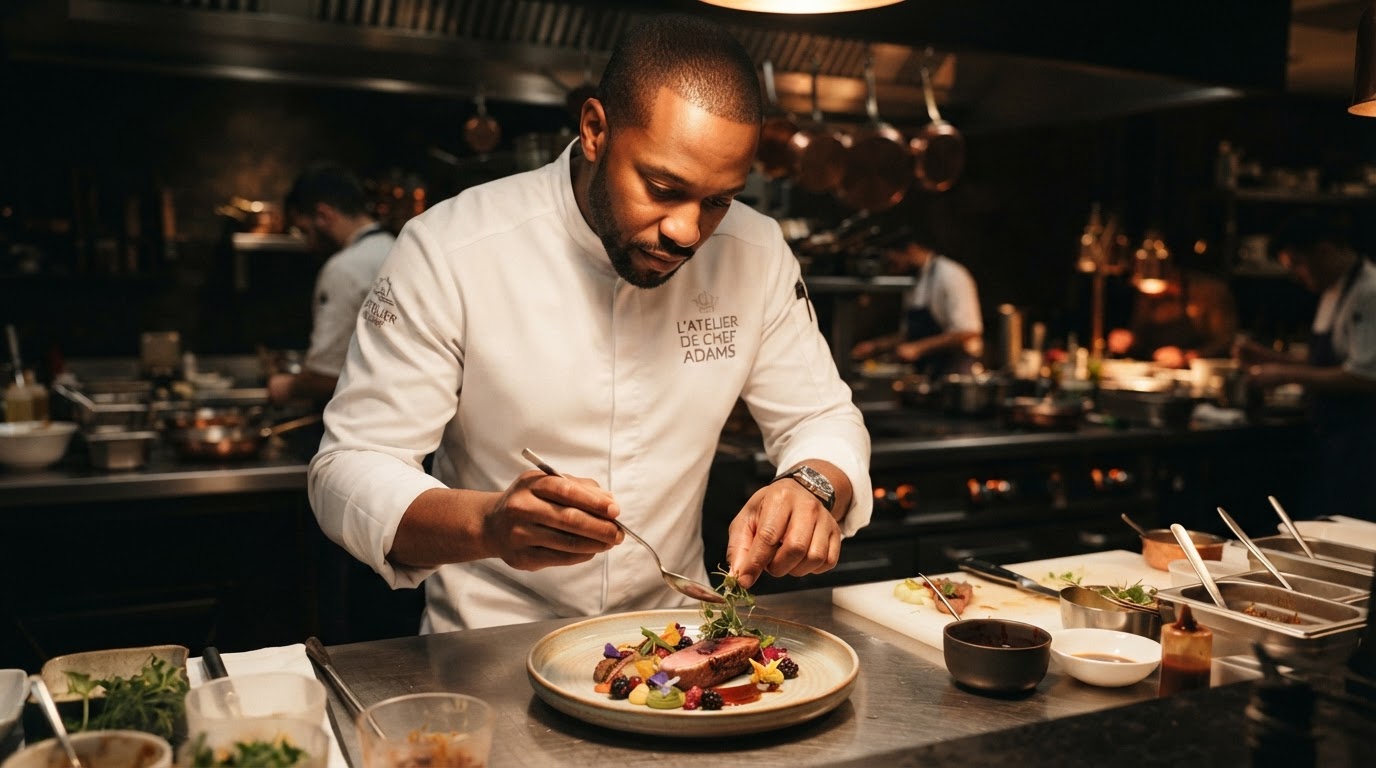 Chef dressant une assiette gastronomique en cuisine professionnelle