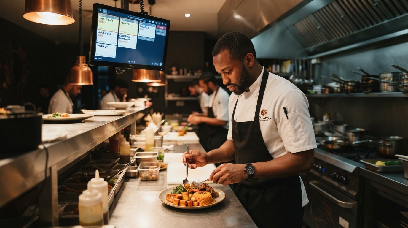 Chef dressant une assiette avec l’écran de commandes en cuisine