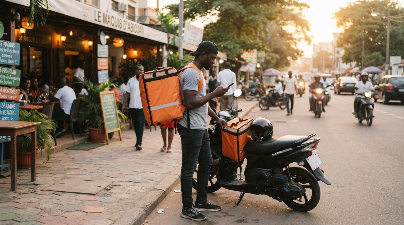 Livreur consultant sa commande devant un restaurant