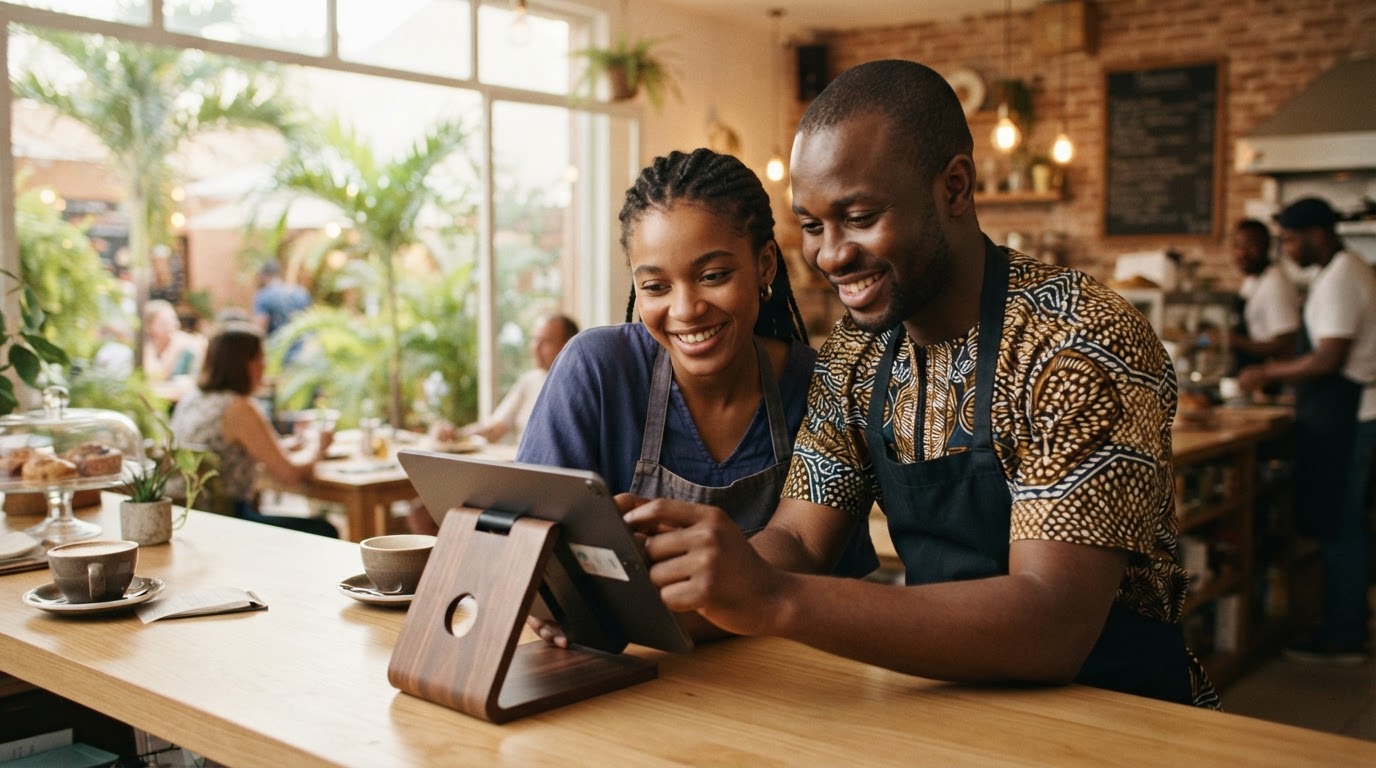 Restaurateurs découvrant RestoLive sur une tablette