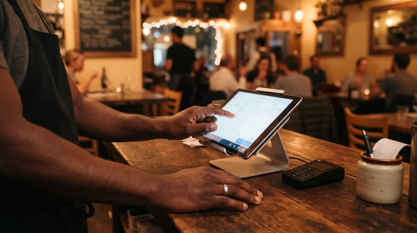 Restaurateur utilisant une caisse tactile RestoLive