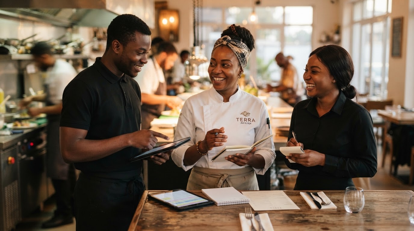 Équipe de restaurant en briefing avant le service