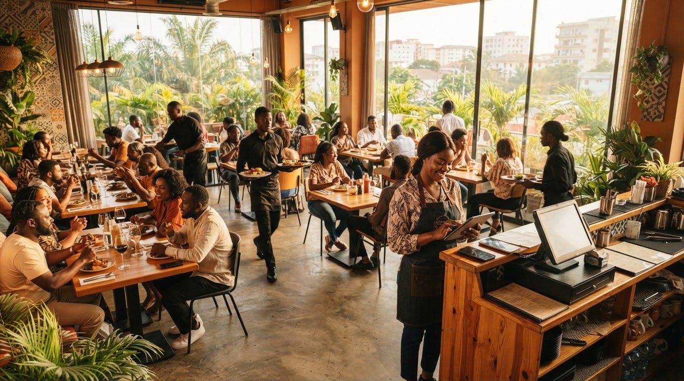 Gérante de restaurant utilisant RestoLive dans sa salle à Abidjan