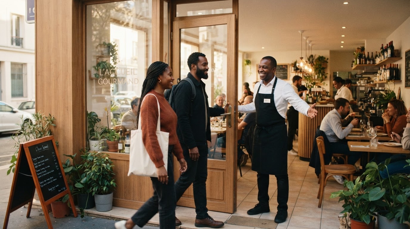 Premiers clients accueillis dans un restaurant récemment ouvert