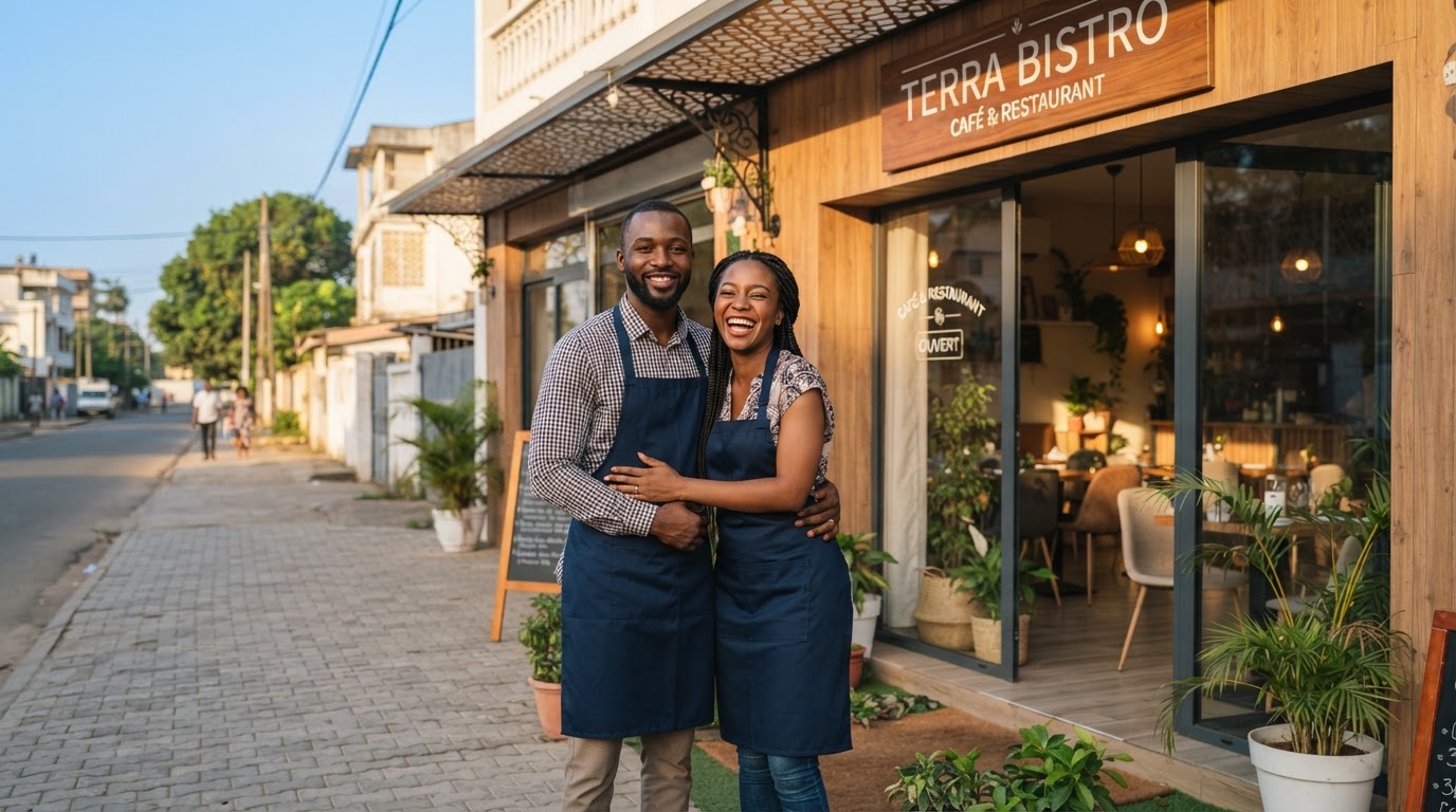 Jeunes restaurateurs devant leur nouvel établissement