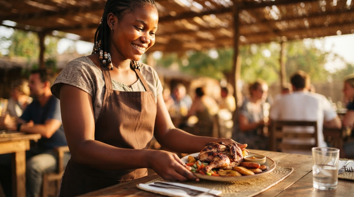 Restaurateur burkinabè accueillant ses clients