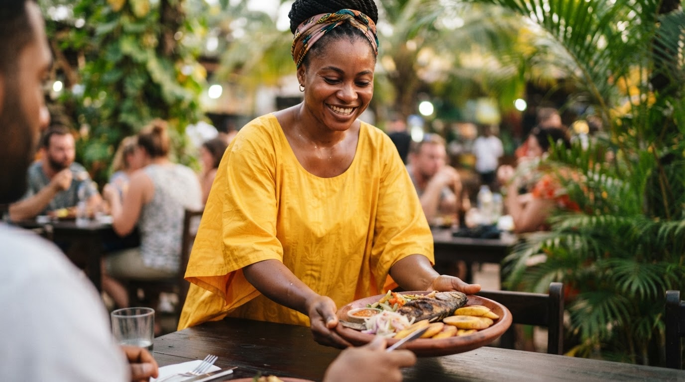 Restaurateur camerounai accueillant ses clients