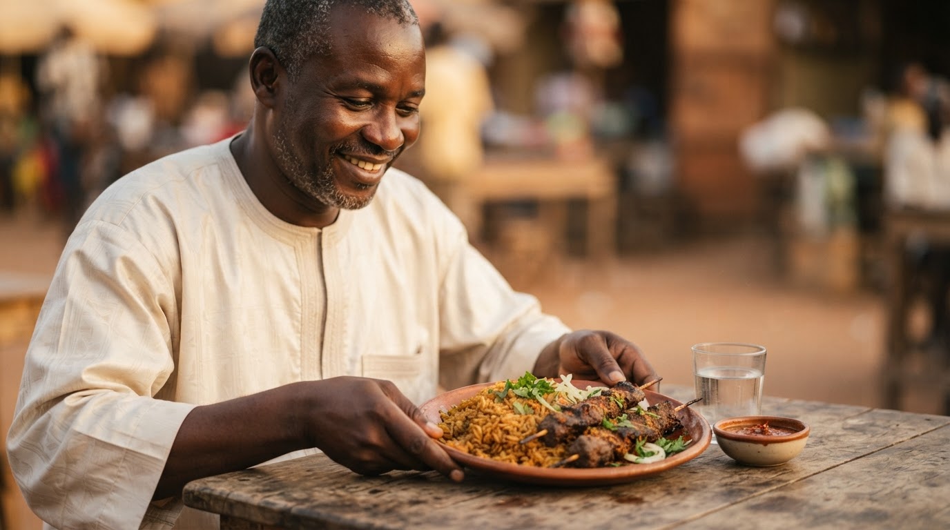 Restaurateur nigérien accueillant ses clients