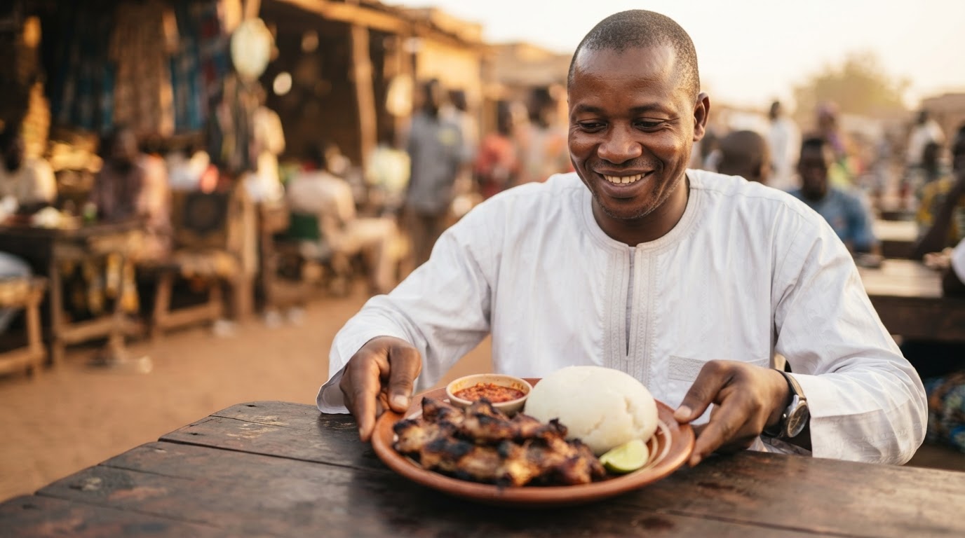 Restaurateur tchadien accueillant ses clients