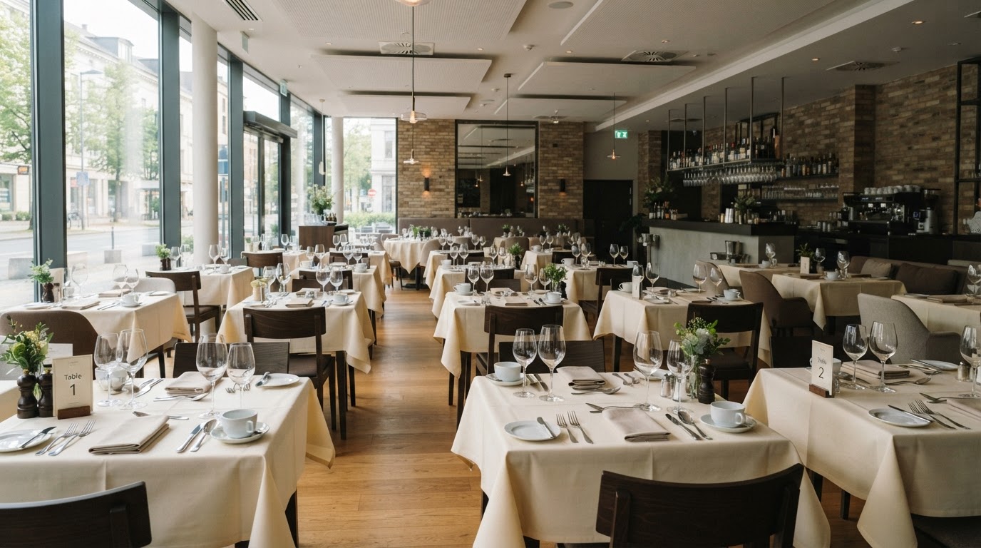 Salle de restaurant dressée avant le service